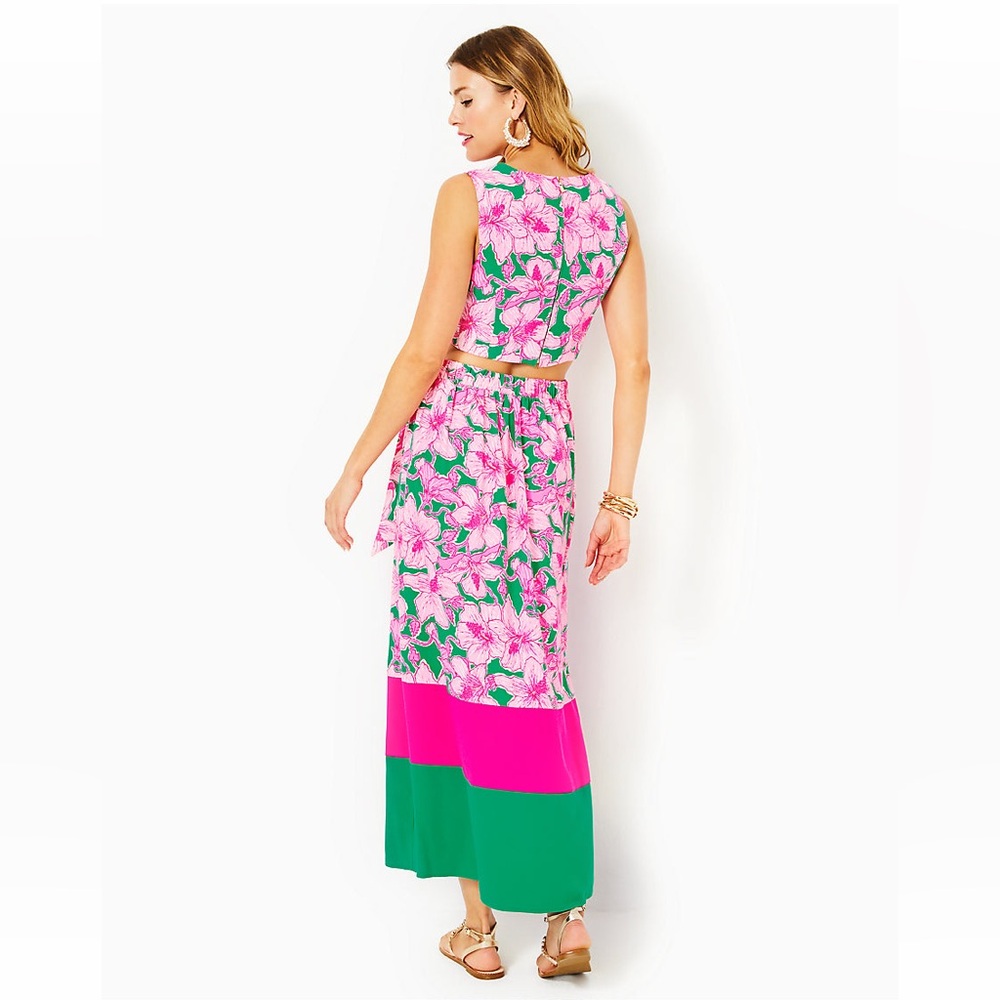 Lilly Pulitzer Leif Maxi Set Hibis Kiss Pink Green Size 8 - Picture 3 of 16